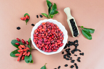 Fresh red and dried barberry berries with green leaves on a beige background.