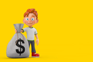 Cartoon Little Boy Teen Person Character Mascot with Tied Rustic Canvas Linen Money Sack or Money Bag with Dollar Sign. 3d Rendering