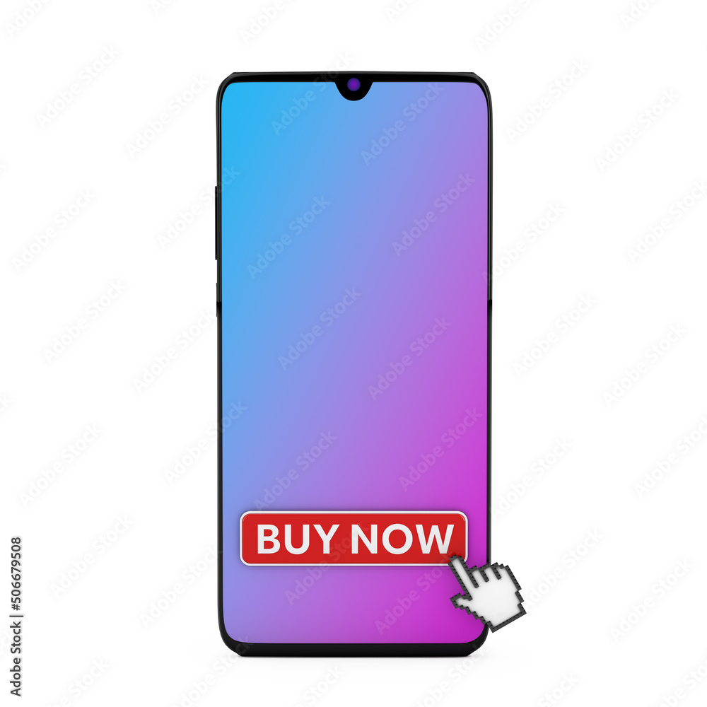 Leinwandbilder online buy it now concept. mobile smartphone with buy now button and pixel finger. 3d rendering