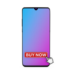 Online Buy It Now Concept. Mobile Smartphone with Buy Now Button and Pixel Finger. 3d Rendering