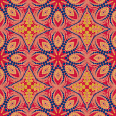 Indian boho summer bandana seamless symmetrical pattern. Versatile masculine red blue scarf print in kaleidoscopic floral ornamental style.
