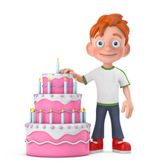 Cartoon Little Boy Teen Person Character Mascot with Birthday Cartoon Dessert Tiered Cake and Candles. 3d Rendering