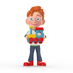 Cartoon Little Boy Teen Person Character Mascot with Colorful Children Wooden Toy Locomotive Train. 3d Rendering