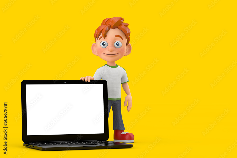 Poster cartoon little boy teen person character mascot with modern laptop computer notebook and blank scree