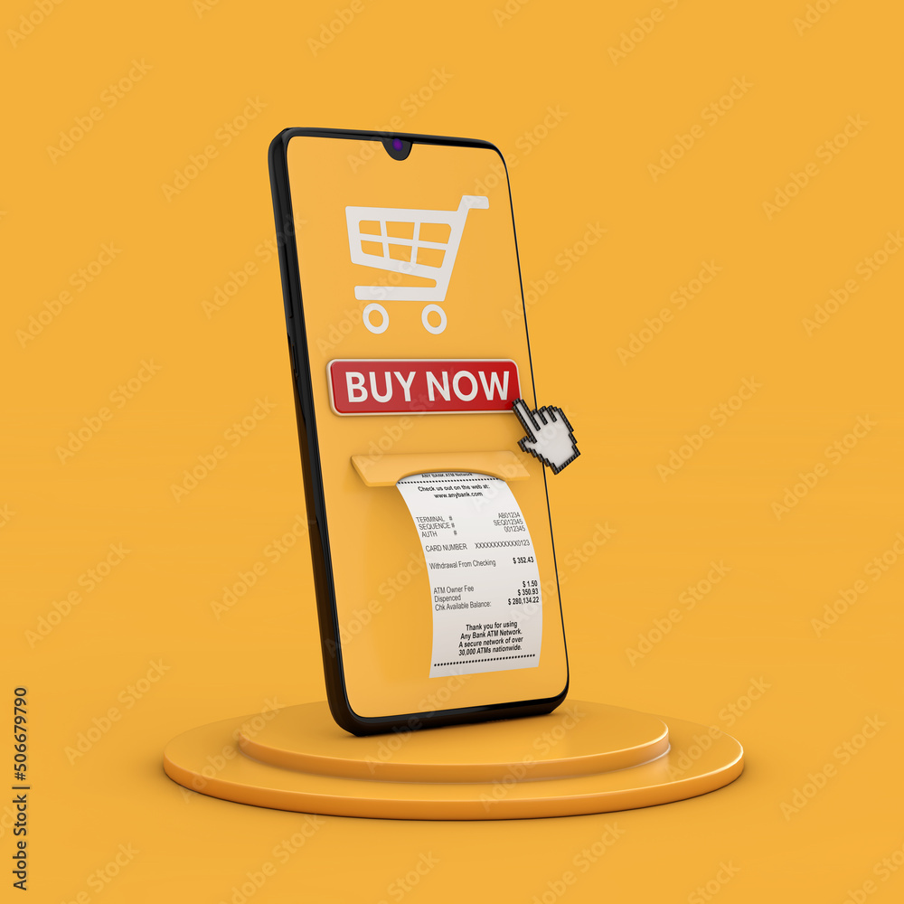 Poster online buy it now concept. mobile smartphone with buy now button, shopping cart icon and printed abs