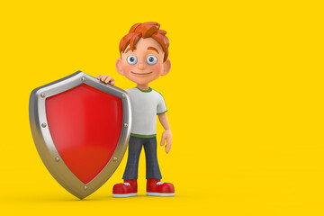 Cartoon Little Boy Teen Person Character Mascot with Red Metal Protection Shield. 3d Rendering