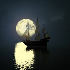 Old Pirate Ship Sea Full Moon Sea. 3d Rendering