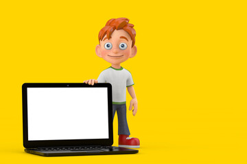 Cartoon Little Boy Teen Person Character Mascot with Modern Laptop Computer Notebook and Blank Screen for Your Design. 3d Rendering