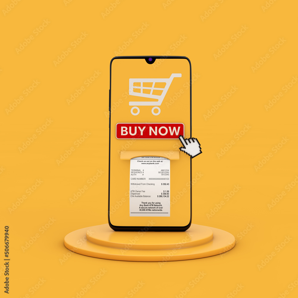 Poster online buy it now concept. mobile smartphone with buy now button, shopping cart icon and printed abs