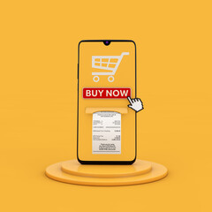 Online Buy It Now Concept. Mobile Smartphone with Buy Now Button, Shopping Cart Icon and Printed Abstract Shopping Paper Bill Receipt. 3d Rendering