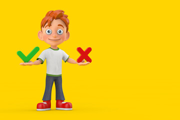 Cartoon Little Boy Teen Person Character Mascot with Red Cross and Green Check Mark, Confirm or Deny, Yes or No Icon Sign. 3d Rendering