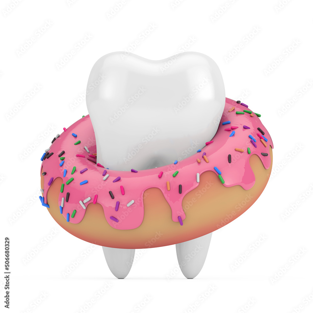 Poster white tooth with big strawberry pink glazed donut. 3d rendering