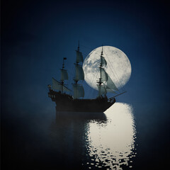 Old Pirate Ship Sea Full Moon Sea. 3d Rendering