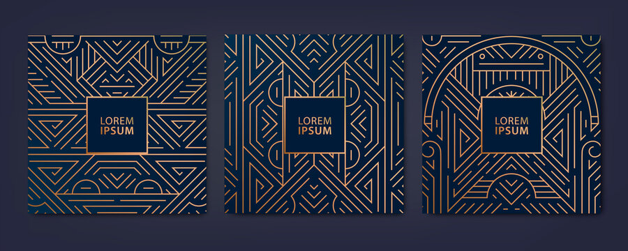 Vector set of luxury cover templates, square line art deco patterns. Design elements for placards, banners, flyers, presentations and cards.