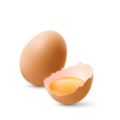 Fresh Organic Chicken Brown Eggs on White Background. The Egg is Half Broken in the Shell and a Whole Large Egg.