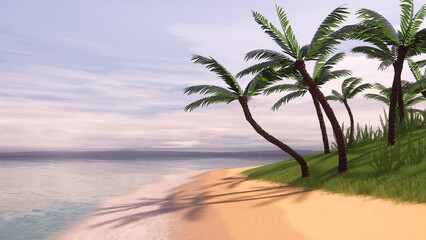 Tropical island beach with palm trees casting shadows on the sand. 3D illustration.