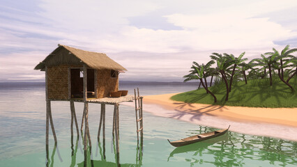 Wooden hut on stilts and a small boat in the sea near the beach of a tropical island with palm trees. 3D illustration.
