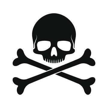 Skull and crossbones vector illustration. Poison and toxic label sign. Pirate flag image. Human head skeleton icon.