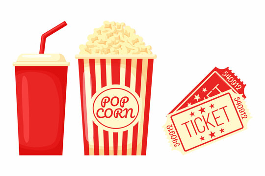 Cinema objects - popcorn bucket, soda water and retro style ticket, sketch vector illustration isolated on white background. Typical movie attributes - popcorn, soda water, cinema ticket