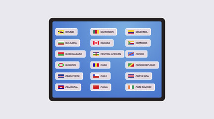 World flags and all world countries flags on smart screen concept flat vector illustration.