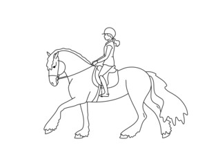Fototapeta na wymiar Girl rides a huge horse shire, coloring book