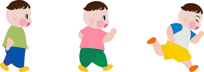 Cartoon kid development. Child growth stages. Set of cute child learning from toddler to running. Child learning how to run timeline collection. Vector, illustration, EPS10