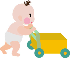 Cartoon baby newborn pushing trolley, cart. Baby learning how to push forward. Infant growth stages. Cute baby learning from newborn to toddler. Newborn learning phrase. Vector, illustration, EPS10
