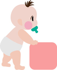 Cartoon baby newborn pushing toy. Box toy pushing by baby for learning. Infant growth stages. Cute baby learning from newborn to toddler. Newborn learning phrase. Vector, illustration, EPS10