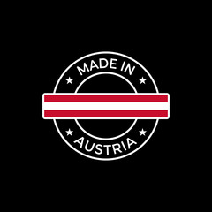 Made in Austria vector round label sticker design with Austrian flag on balck background