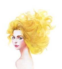 Watercolor fashion female portrait. Hand drawn young woman with curly blonde hair. Painting isolated illustration on white background.