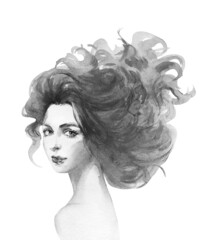 Watercolor fashion female portrait. Hand drawn young woman with curly hair. Painting isolated illustration on white background.