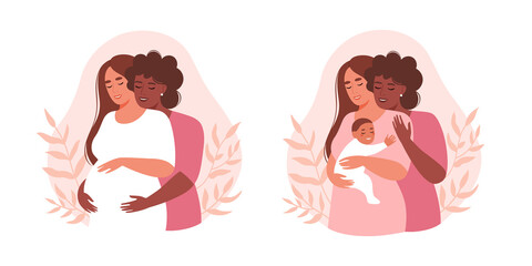 Happy lgbt family is expecting a baby. Lesbian couple with a newborn baby. Pregnant woman with her wife. Set of illustrations about pregnancy and motherhood. Flat vector illustration.