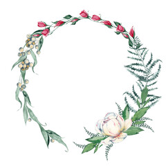 Delicate floral wreath. White peony flower, red roses, leaves, fern, eucalyptus and garden greenery. Romantic frame. Watercolor hand painted isolated element on white background.