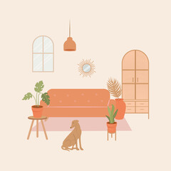 Bohemian living room scene with a dog