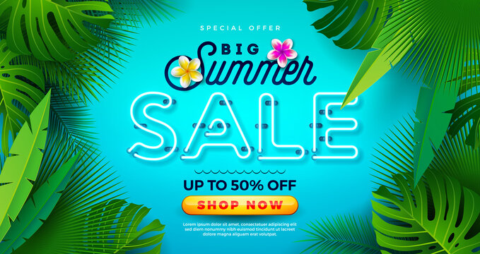 Summer Sale Design with Bright Neon Text and Flower on Blue Background. Tropical Vector Special Offer Illustration for Coupon, Voucher, Banner, Flyer, Promotional Poster, Invitation or Greeting Card.