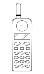 Hand drawn mobile phone of the 90s. Device for communicating via cellular communication. Doodle style. Sketch. Vector illustration