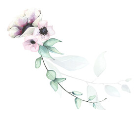 Watercolor arrangement with white, pink, violet flowers, blue, green, turquoise branches, leaves, eucalyptus twigs.