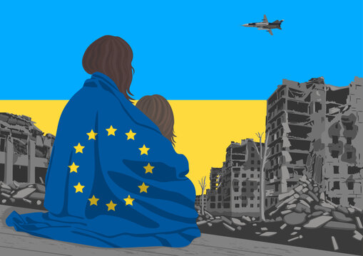 Silhouette of a mother and child, refugees covered with a blanket with the logo of the European Union.  Destroyed buildings and bomber aircraft