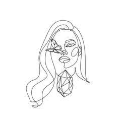 Woman Line Art Moon Crystal vector Minimalist Logo. Beauty fashion illustration