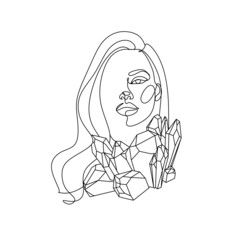 Woman Line Art Moon Crystal vector Minimalist Logo. Beauty fashion illustration