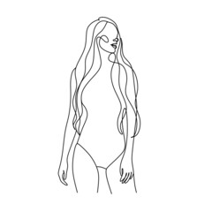 Trendy Line Art Woman Body. Female Figure Continuous One Line Abstract Drawing. Minimalistic Black Lines Drawing. Modern Scandinavian Design. Naked Body Art. Vector Illustration.