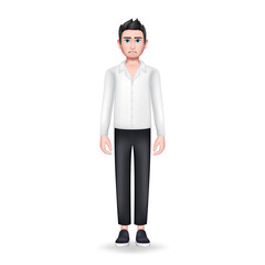 3D Graphic Man in White Shirt. Full length emotional character. Vector illustration