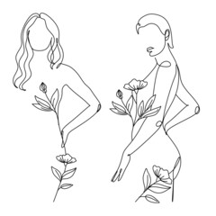 Woman Line Art Minimalist Logo. Nature Organic Cosmetics Makeup. Flower head Feminine Illustration line drawing. Woman face with flowers line