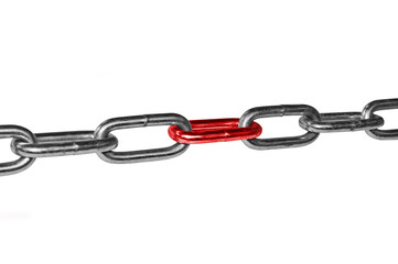 Iron chain links with red link center isolated on white background