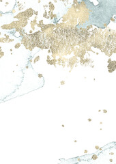 Watercolor abstract blue stains and gold dust splash elements. Template for wedding or social media background designs