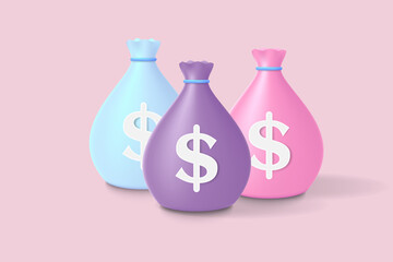 Money bag 3D icon vector with dollar sign.