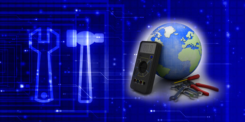 3d illustration Digital electronics multi meter with screwdriver and cutting player near wrench spanner