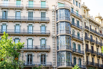 Fototapeta na wymiar Facade of old Modernist apartment buildings in el Eixample, Barcelona, Catalonia, Spain, Europe