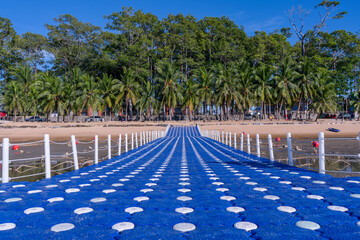 Pack Group of Blue Cubes Float on clear Ocean beautiful beach for tourist to walk from boat in Summer travel holiday. New Concept of bridge and floating docking in tropical Island