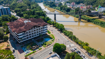 Aerial images of Blumenau City Hall and iron bridge in Santa Catarina